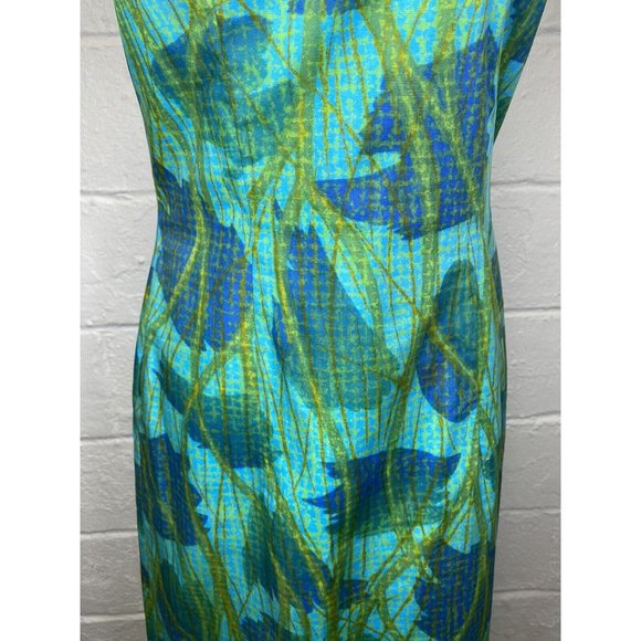VTG 1960s Ruth Walter 12 Med Sheath Dress Ocean Floral Graphic Print Blue Green - Picture 3 of 16